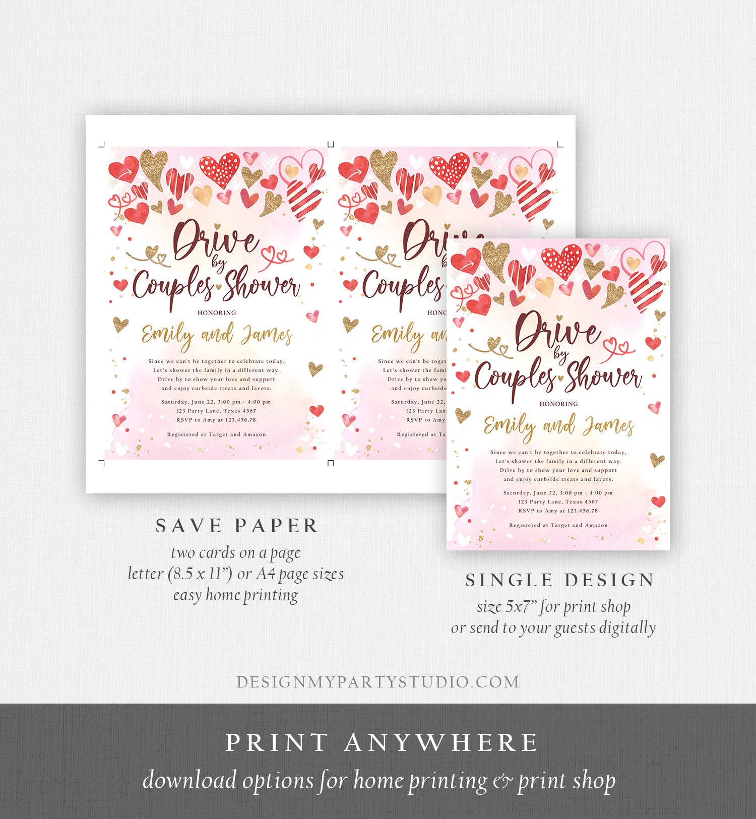 Editable Drive By Couples Shower Invitation Valentine Pink Gold Hearts Drive Through Bridal Wedding Showered Love Corjl Printable 0371