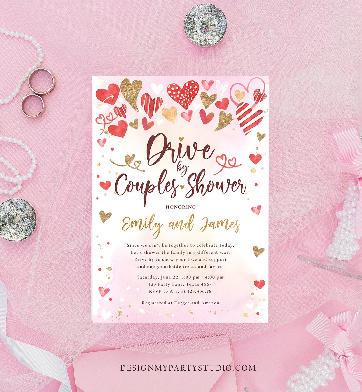 Editable Drive By Couples Shower Invitation Valentine Pink Gold Hearts Drive Through Bridal Wedding Showered Love Corjl Printable 0371