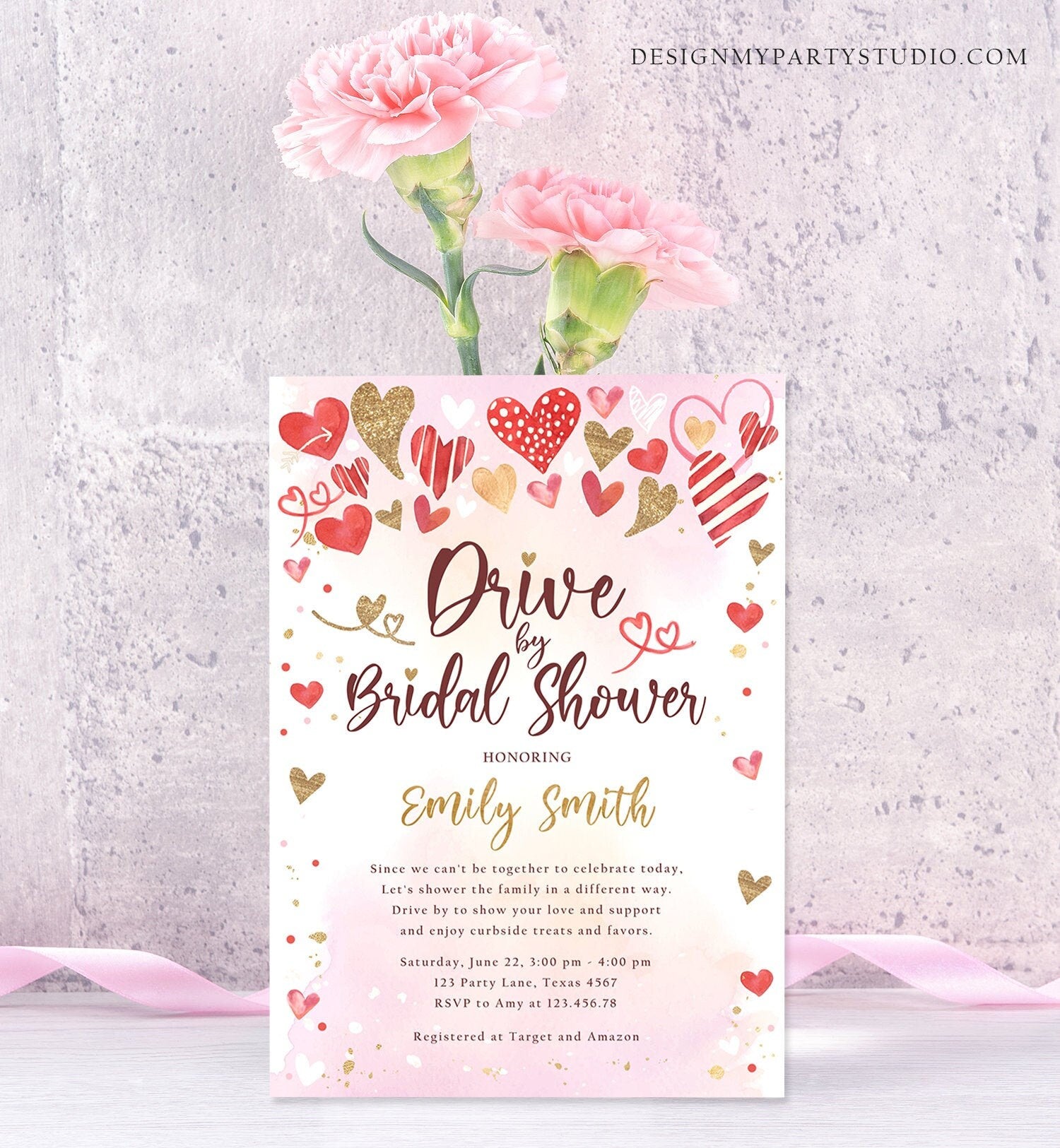 Editable Drive By Bridal Shower Invitation Valentine Sweetheart Pink Gold Hearts Drive Through Wedding Showered Love Corjl Printable 0371