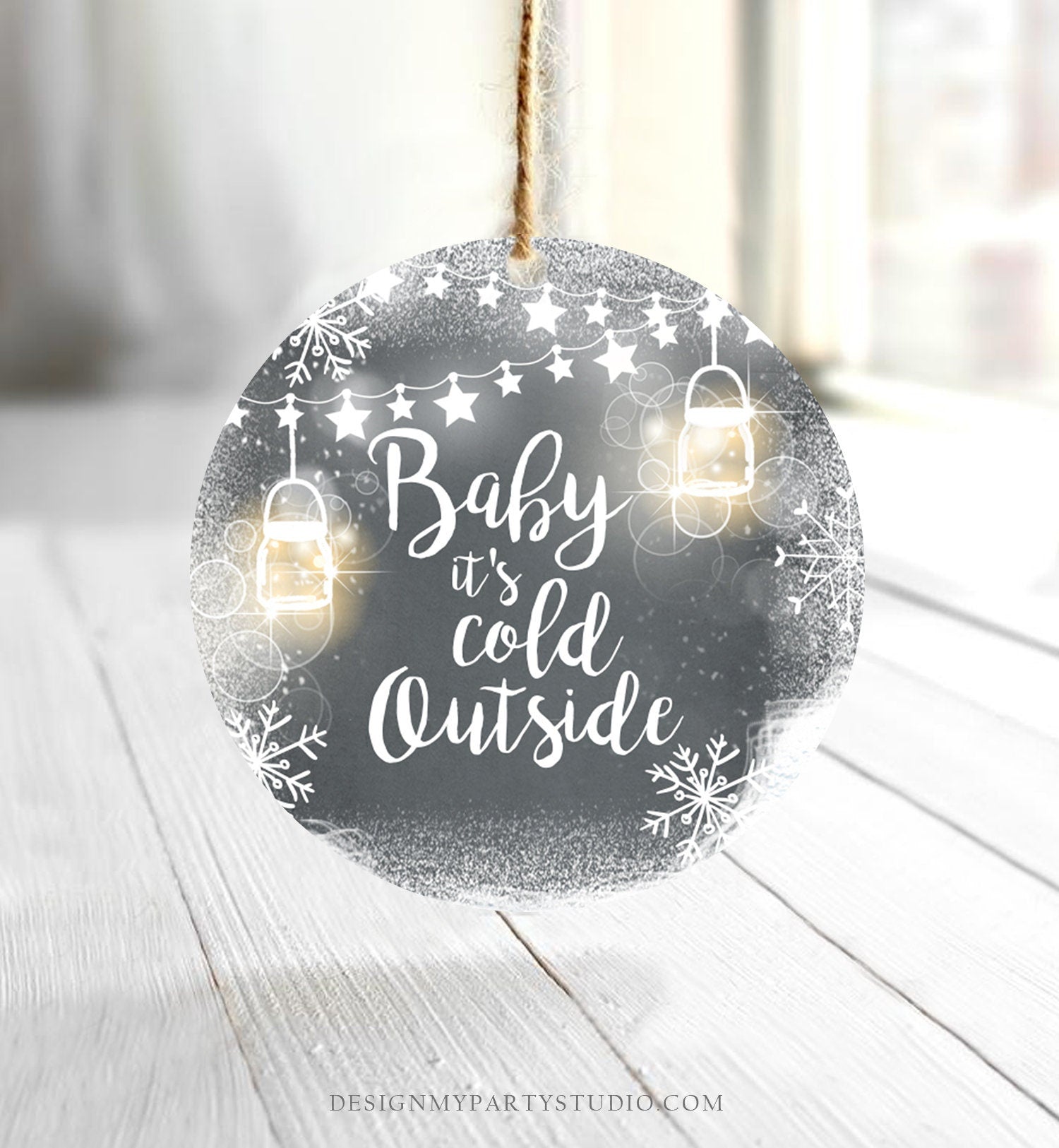 Editable Baby It's Cold Outside Thank You Favor Tag Baby Shower Rustic Wood Snowflakes Snow Winter Digital Corjl Template Printable 0031