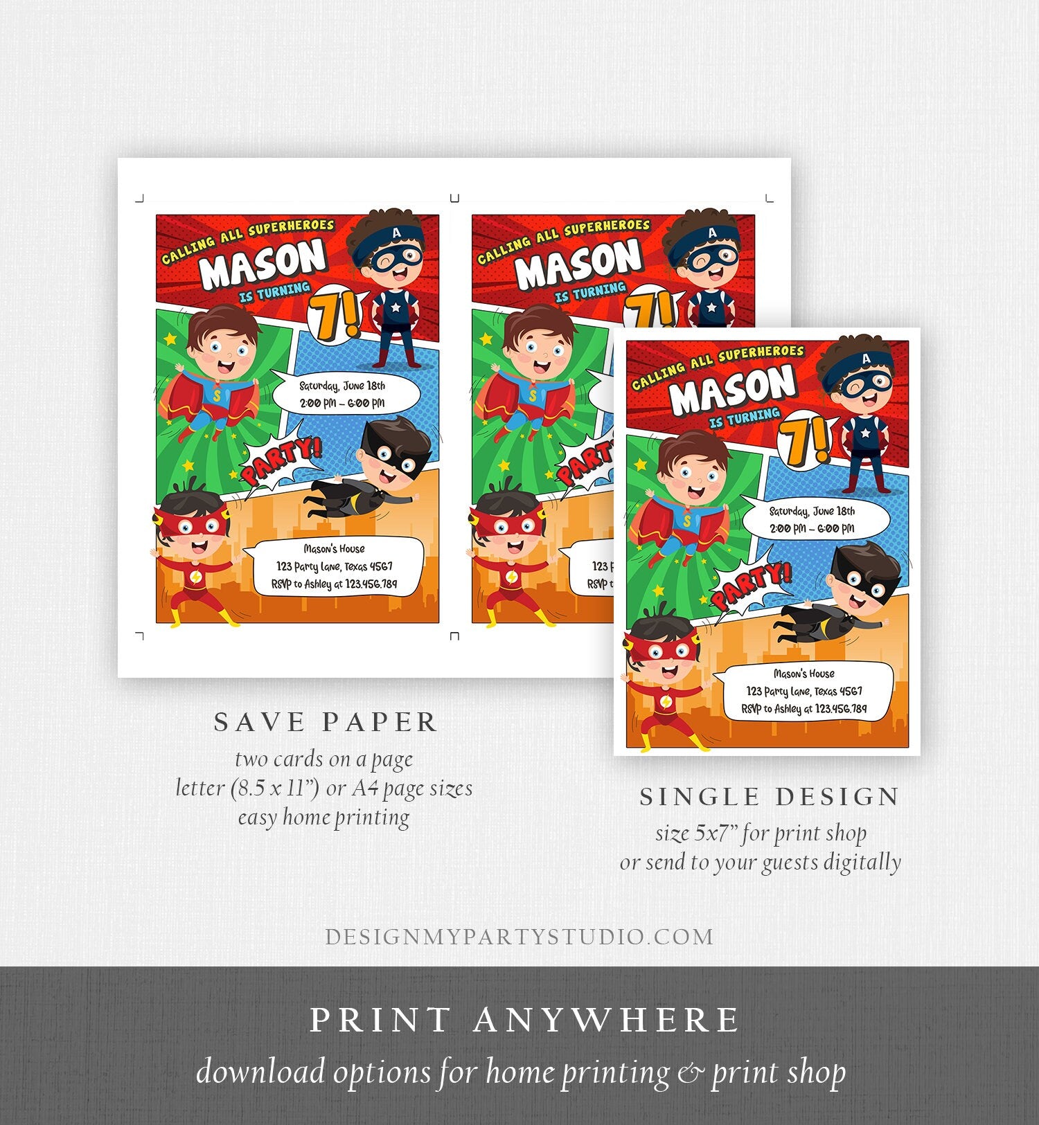 Editable Superheroes Birthday Invitation Comic Book Action Superhero Super Boy Party DC Digital Download Corjl Template Printable 0383