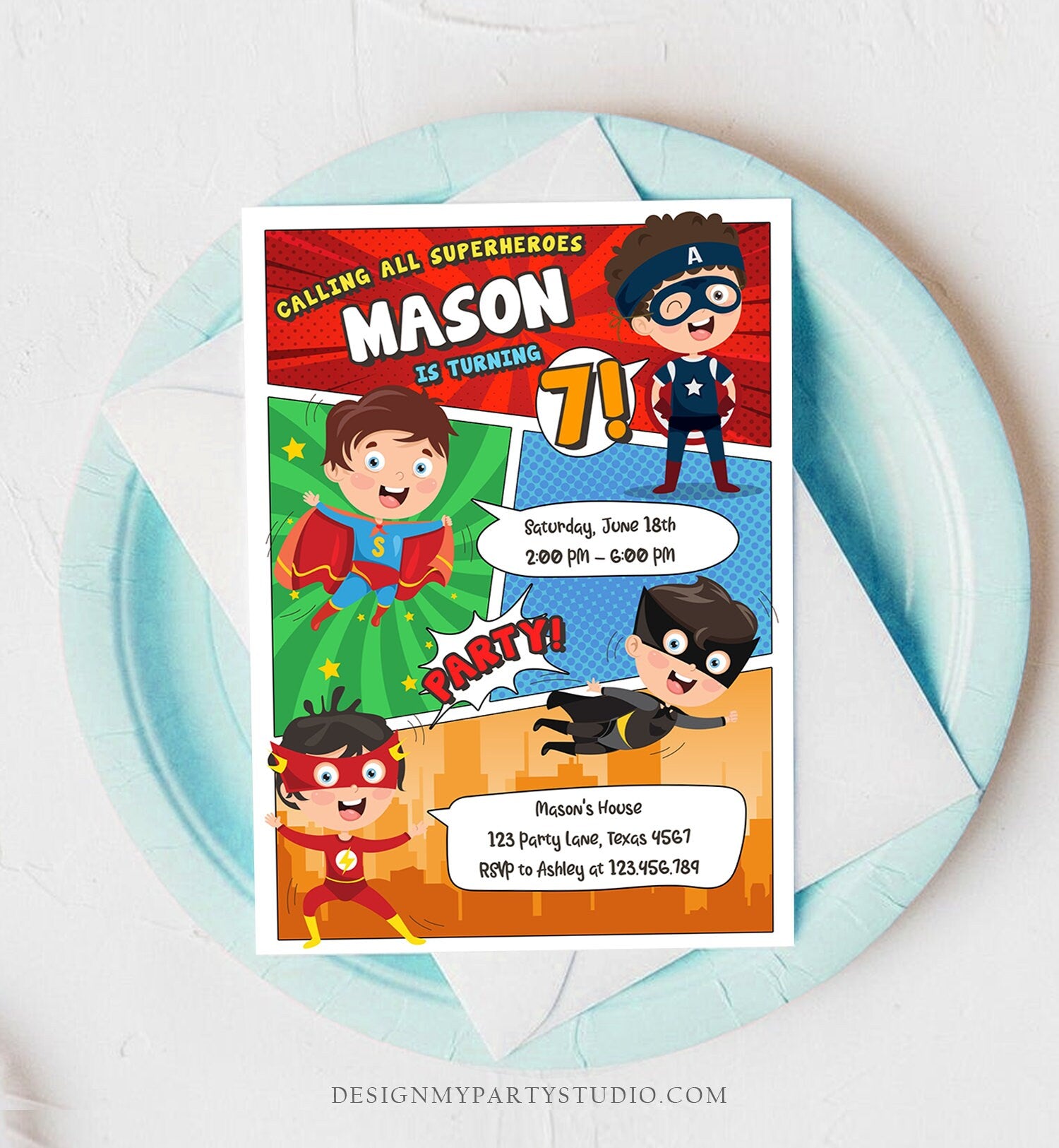 Editable Superheroes Birthday Invitation Comic Book Action Superhero Super Boy Party DC Digital Download Corjl Template Printable 0383