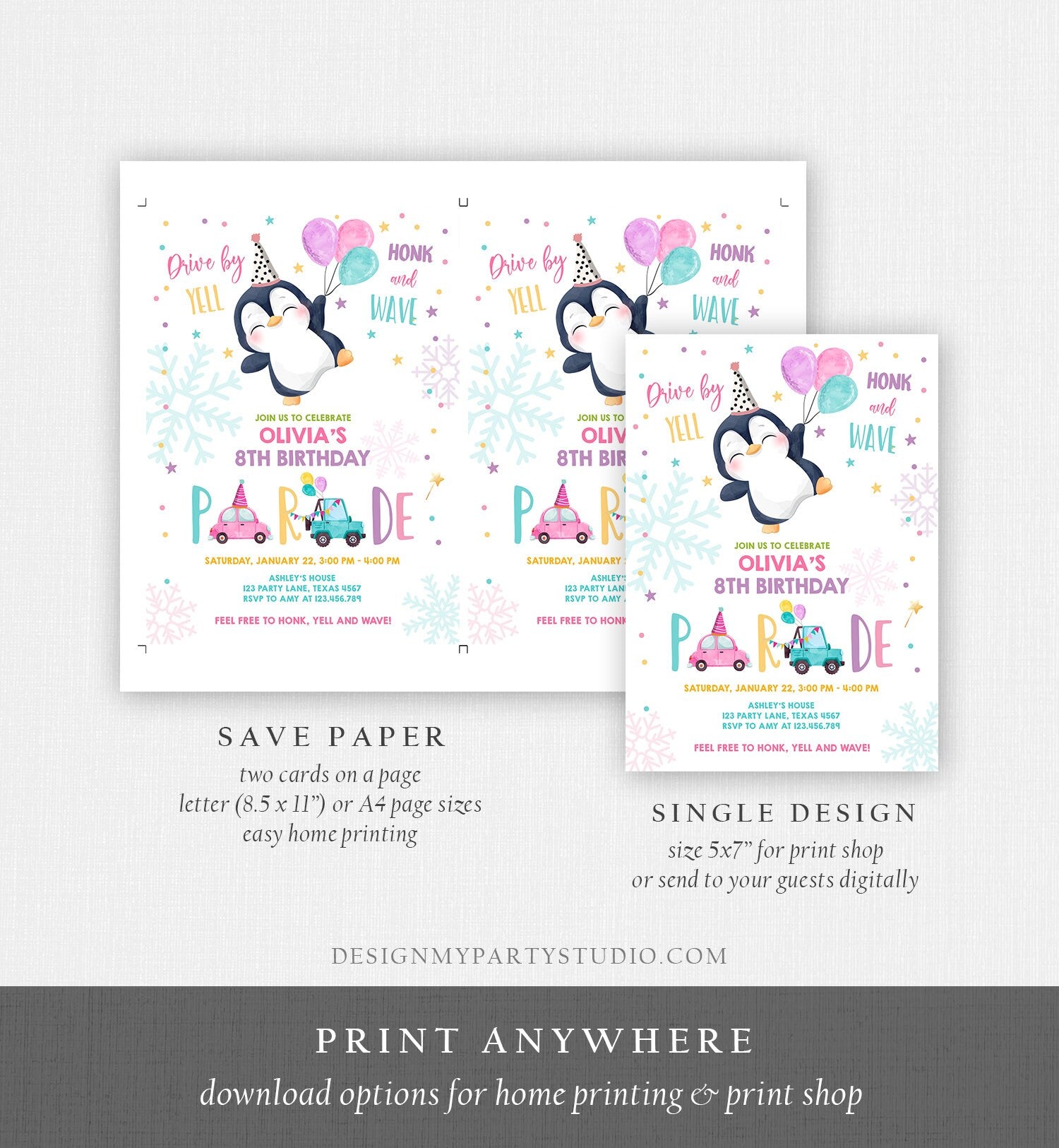 Editable Penguin Drive By Birthday Parade Invitation Winter Party Invite Honk Wave Car Girl Pink Drive Through South Pole Digital Corjl 0372