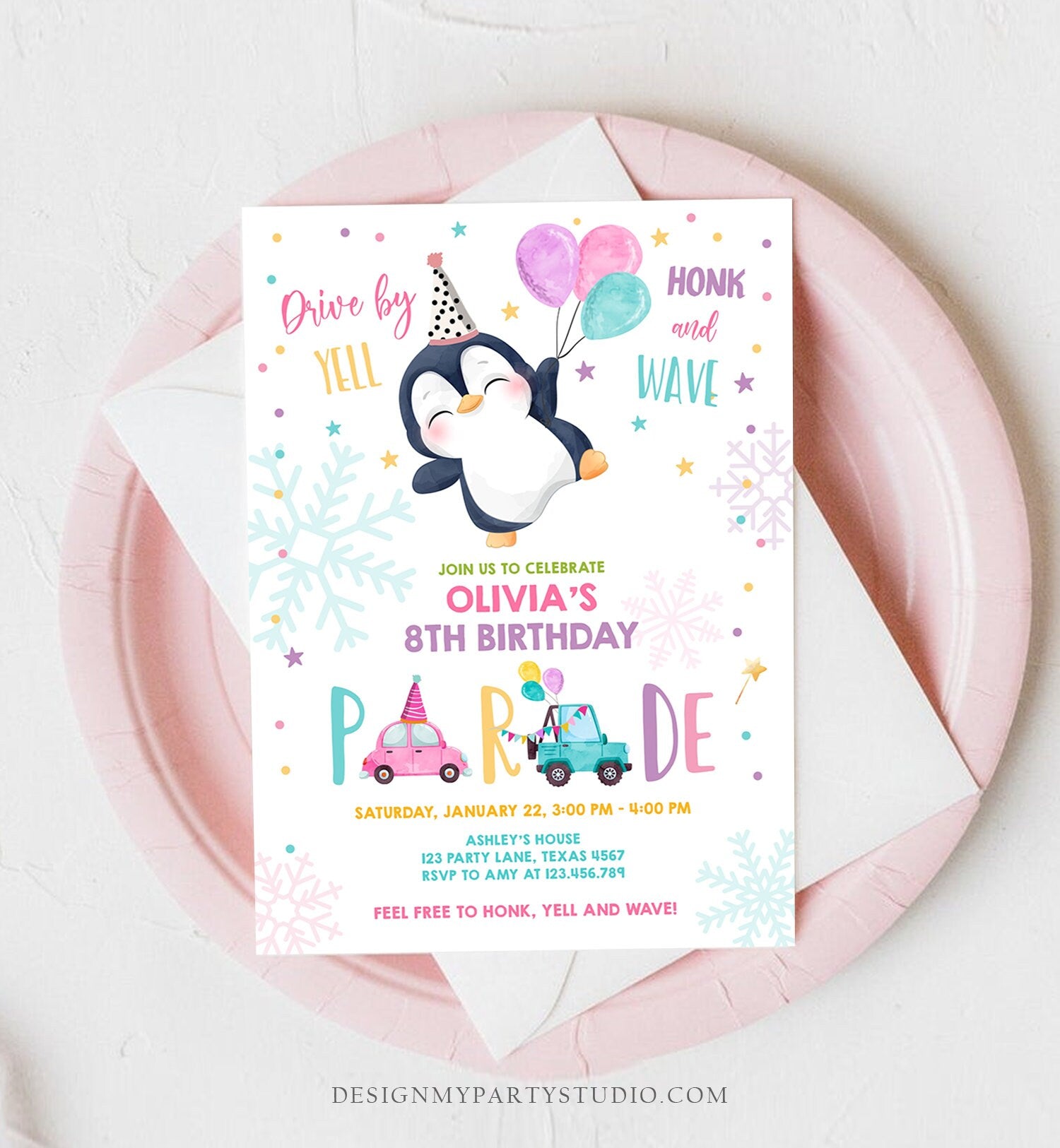 Editable Penguin Drive By Birthday Parade Invitation Winter Party Invite Honk Wave Car Girl Pink Drive Through South Pole Digital Corjl 0372