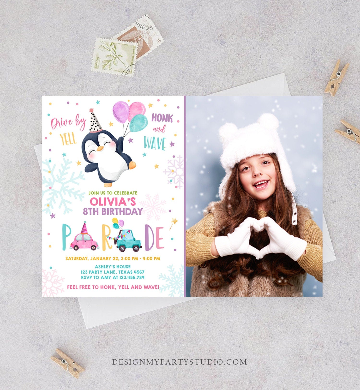 Editable Penguin Drive By Birthday Parade Invitation Winter Party Invite Honk Wave Car Girl Pink Drive Through South Pole Digital Corjl 0372