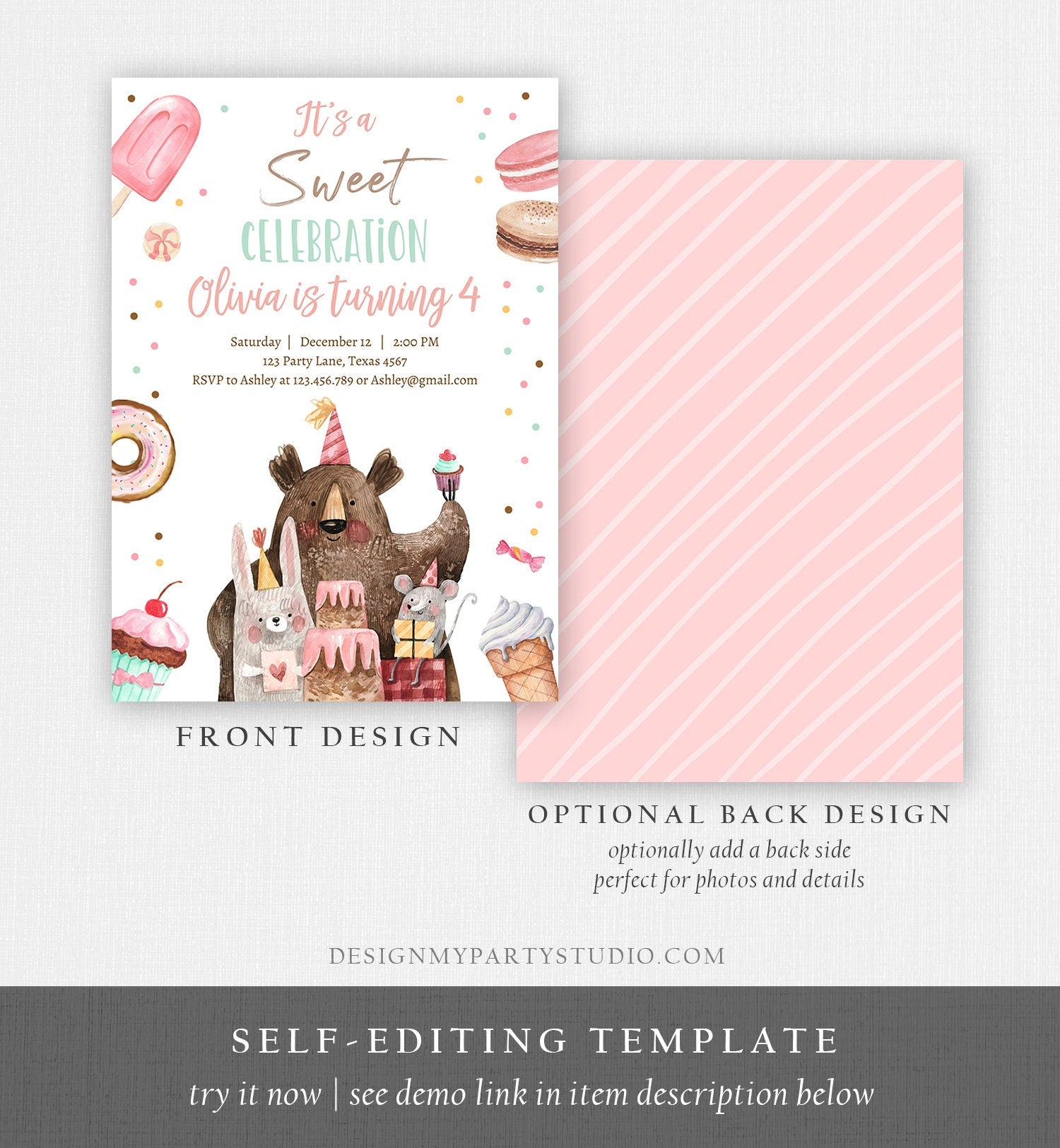 Editable Sweet Celebration Birthday Invitation Sweet One 1st Girl Donut Sweet Shoppe Animals Digital Download Printable Template Corjl 0373