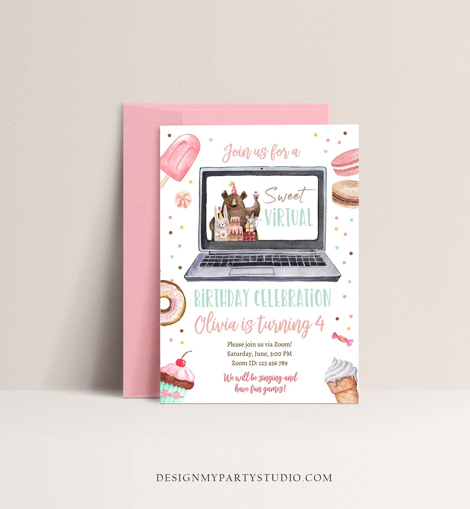 Editable Virtual Birthday Invitation Sweet Birthday Party Quarantine Video Chat Donut Zoom Digital Download Printable Template Corjl 0373