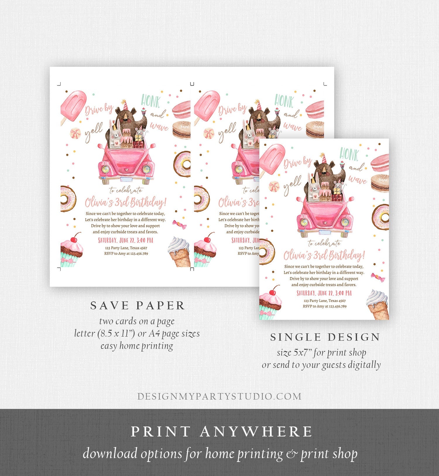 Editable Drive By Birthday Parade Invitation Virtual Party Invite Honk Wave Car Girl Pink Sweets Candy Instant Download Digital Corjl 0373