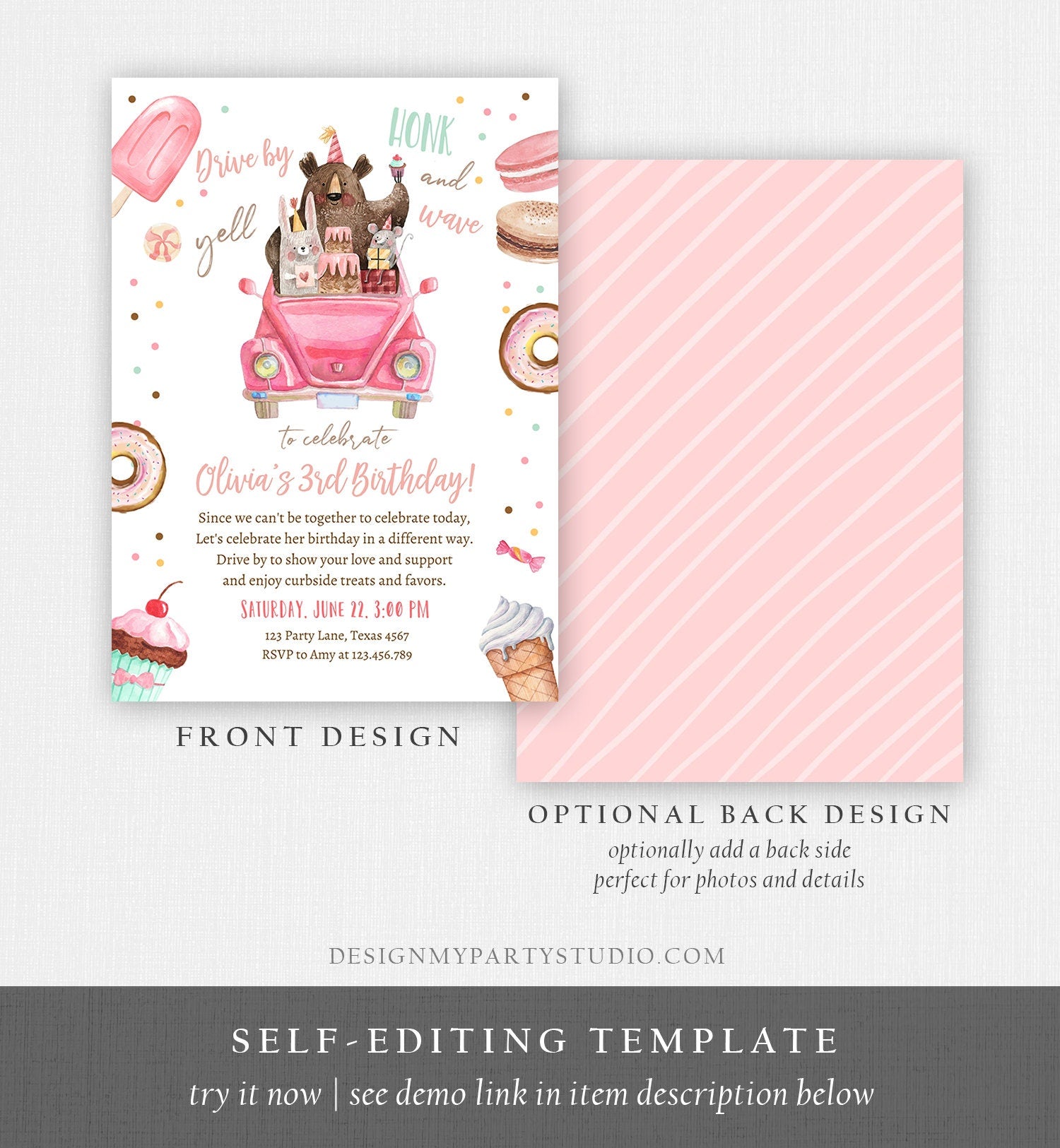 Editable Drive By Birthday Parade Invitation Virtual Party Invite Honk Wave Car Girl Pink Sweets Candy Instant Download Digital Corjl 0373