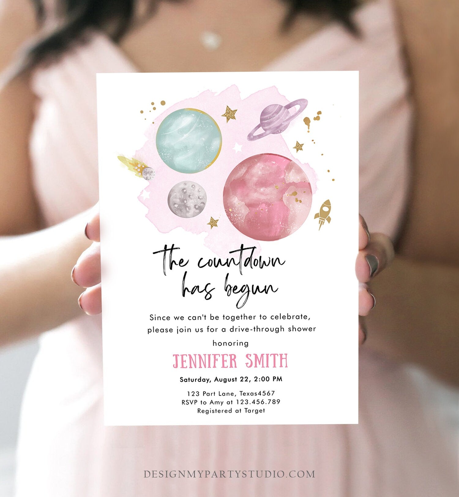 Editable Space Drive By Baby Shower Invitation Galaxy Outer Space It's a Girl Pink Planets Moon Countdown Drive Through Corjl Template 0357