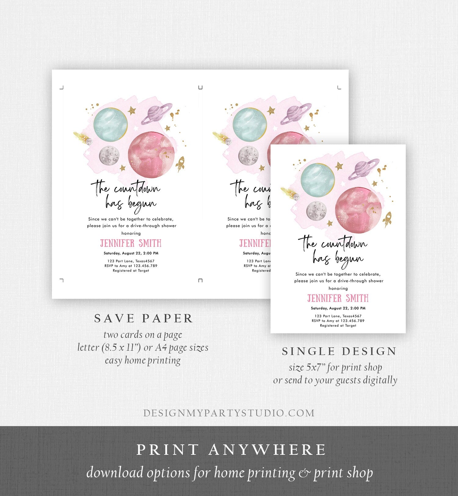 Editable Space Drive By Baby Shower Invitation Galaxy Outer Space It's a Girl Pink Planets Moon Countdown Drive Through Corjl Template 0357