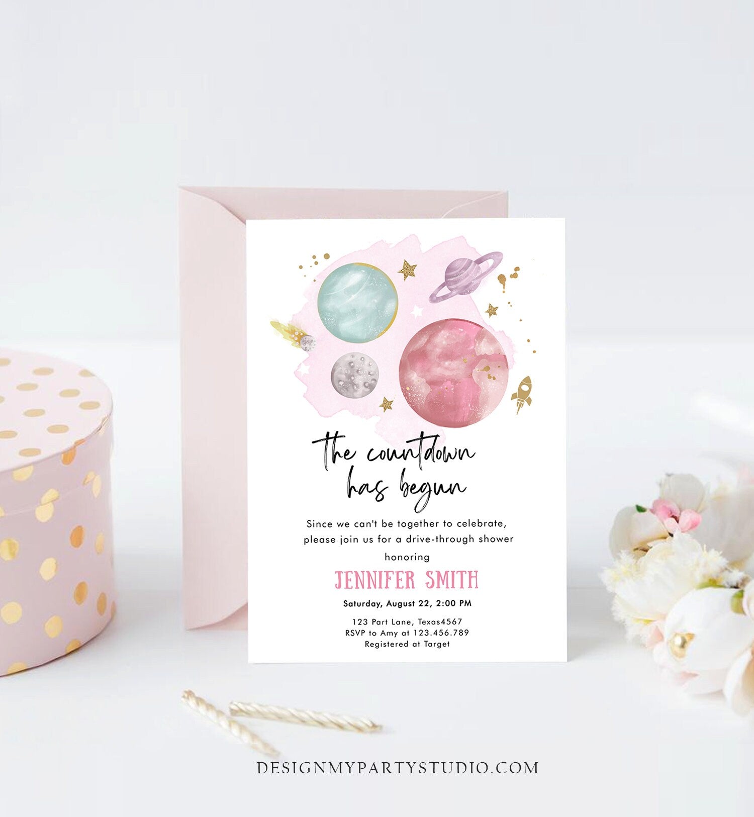 Editable Space Drive By Baby Shower Invitation Galaxy Outer Space It's a Girl Pink Planets Moon Countdown Drive Through Corjl Template 0357