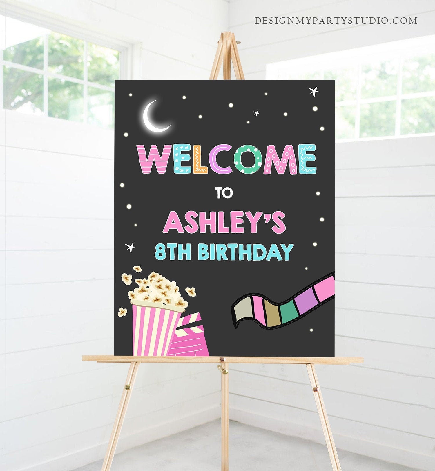 Editable Movie Night Welcome Sign Girl Birthday Backyard Movie Under The Stars Welcome Popcorn Movie Party Template Corjl Printable 0042