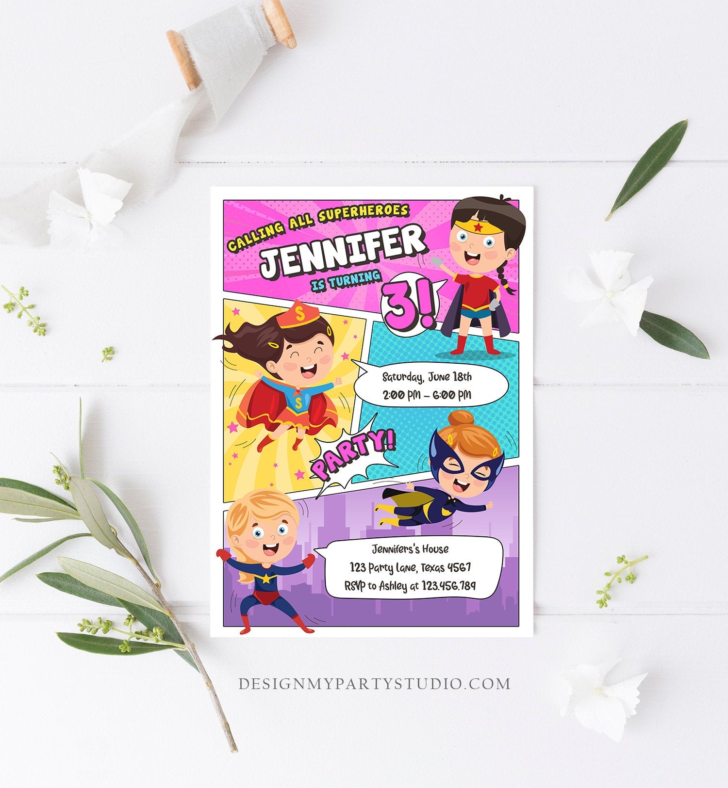 Editable Superheroes Birthday Invitation Comic Book Action Superhero Super Girl Party DC Digital Download Corjl Template Printable 0383