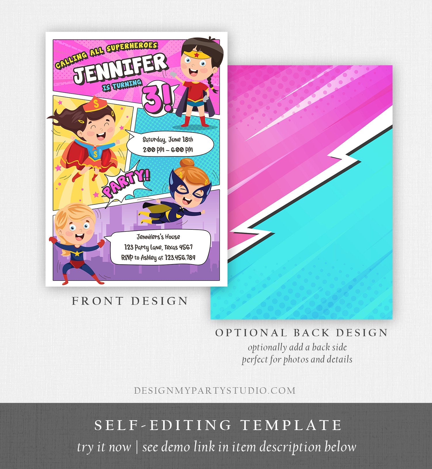 Editable Superheroes Birthday Invitation Comic Book Action Superhero Super Girl Party DC Digital Download Corjl Template Printable 0383