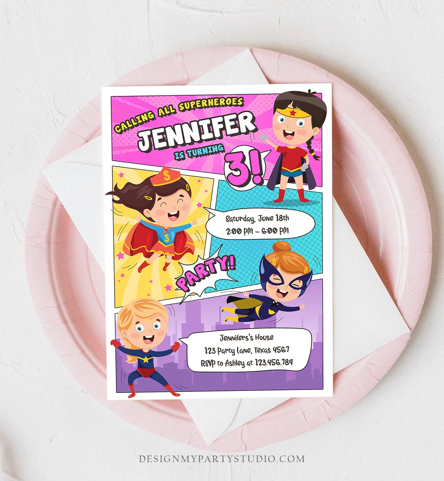 Editable Superheroes Birthday Invitation Comic Book Action Superhero Super Girl Party DC Digital Download Corjl Template Printable 0383