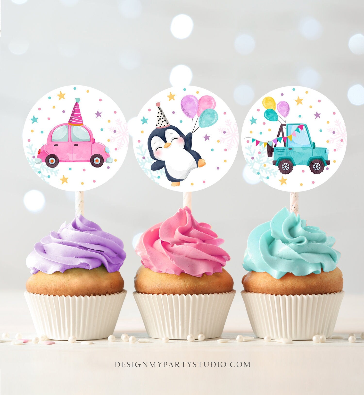 Winter Drive By Birthday Cupcake Toppers Penguin Favor Tags Winter Birthday Parade Quarantine Driving By Download Digital PRINTABLE 0372