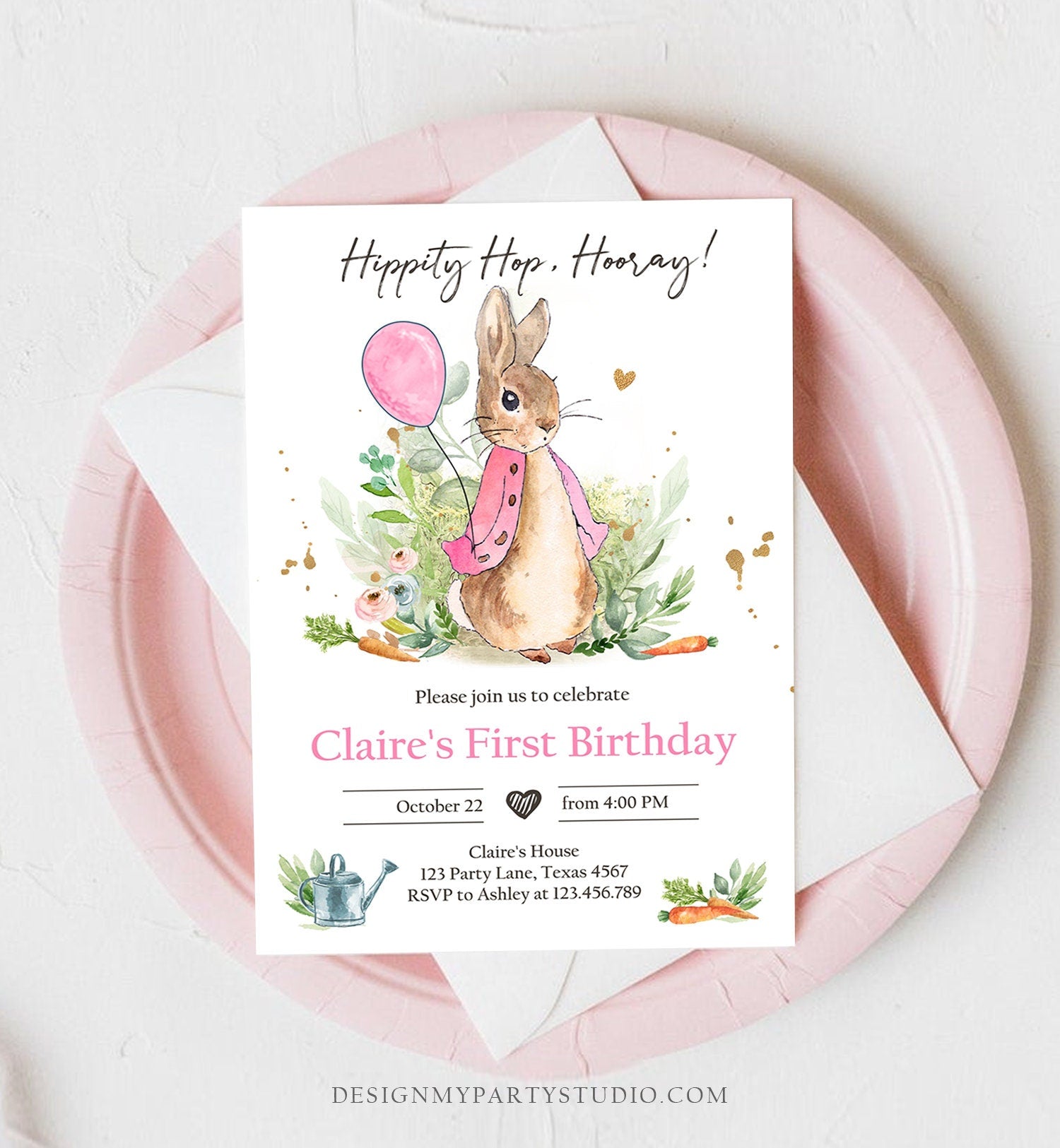 Editable Flopsy Bunny Birthday Invitation Gril Pink Rustic Peter Rabbit 1st Birthday Invite Watercolor Digital Corjl Template Printable 0351