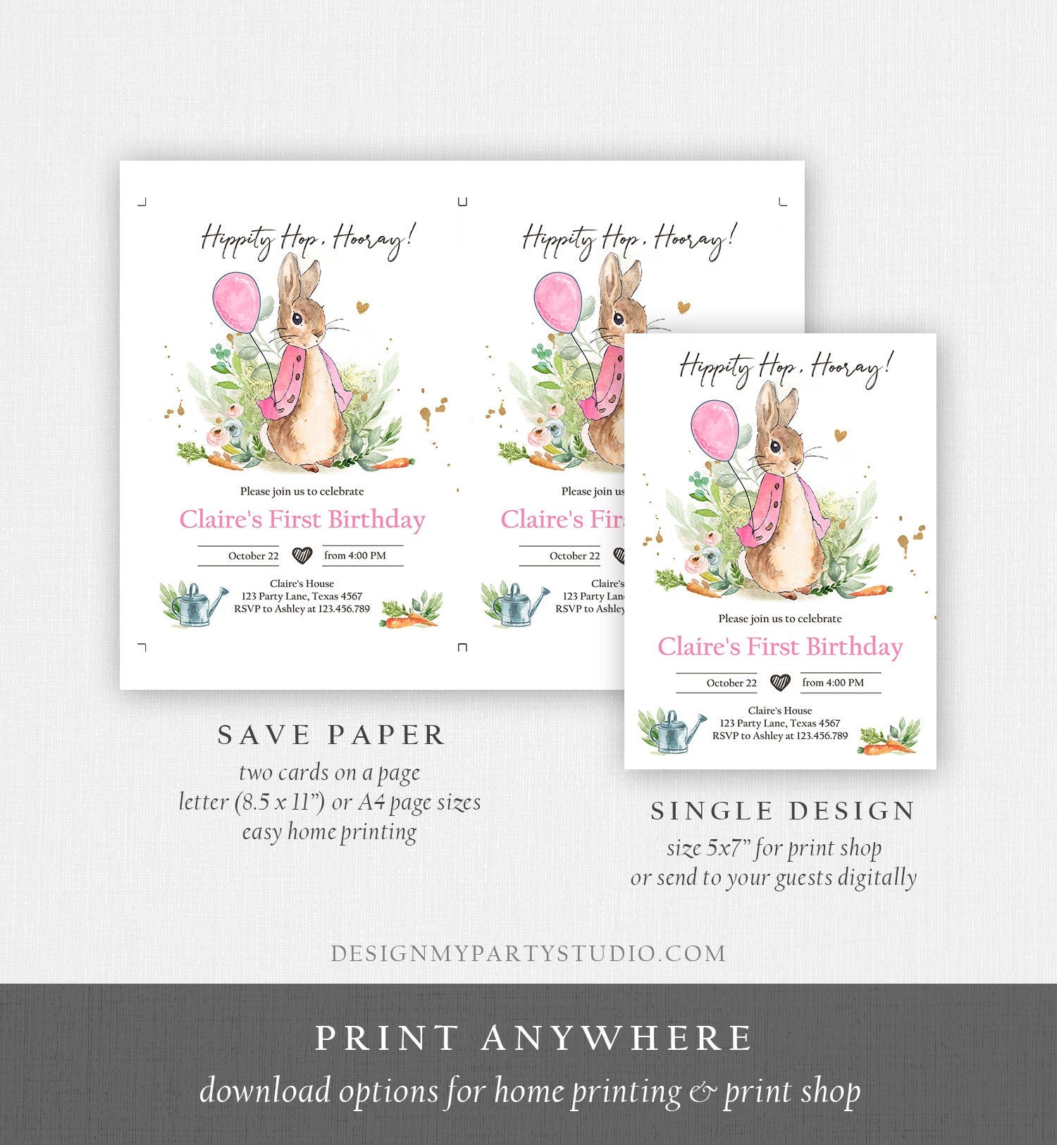 Editable Flopsy Bunny Birthday Invitation Gril Pink Rustic Peter Rabbit 1st Birthday Invite Watercolor Digital Corjl Template Printable 0351