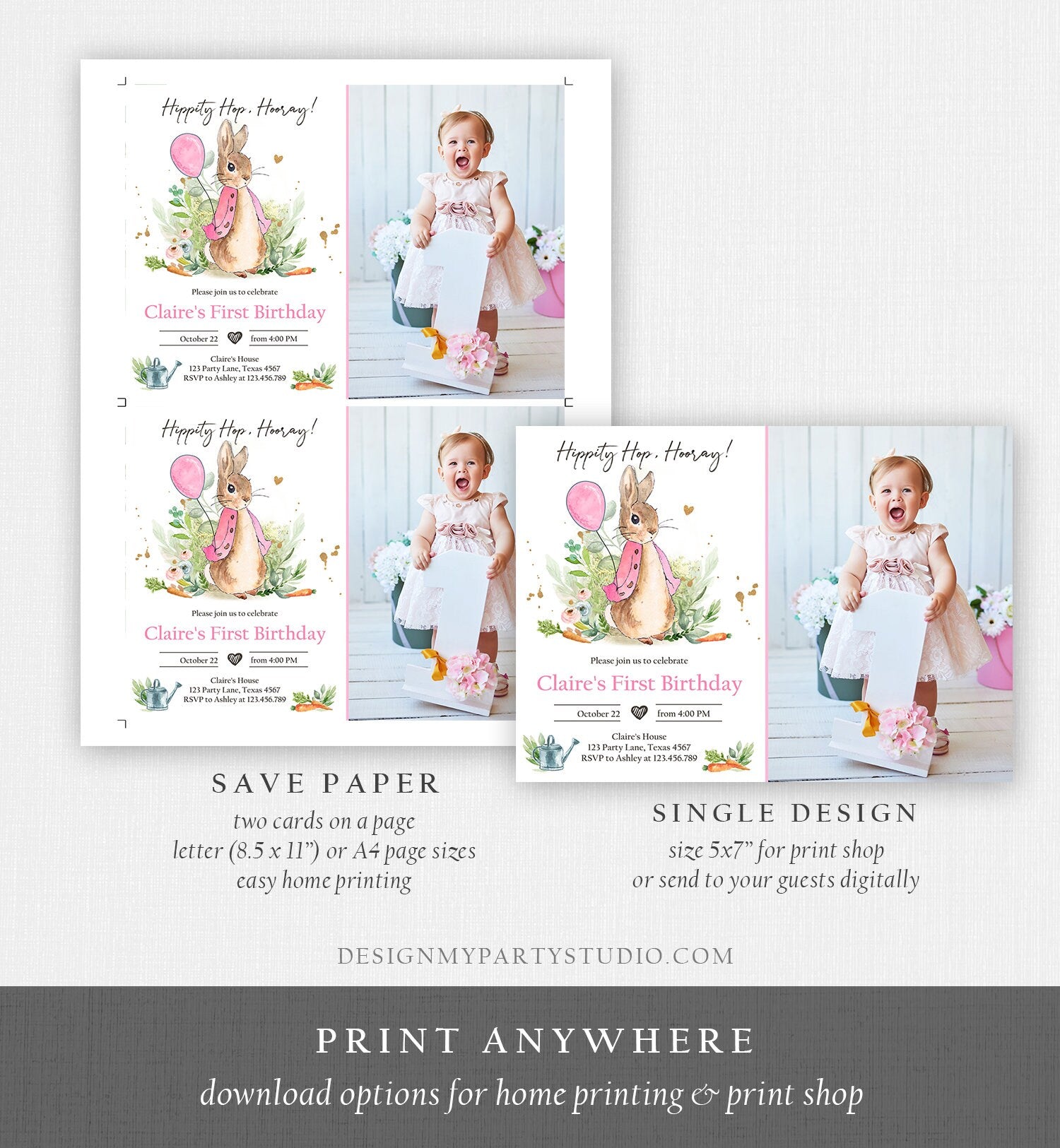 Editable Flopsy Bunny Birthday Invitation Gril Pink Rustic Peter Rabbit 1st Birthday Invite Watercolor Digital Corjl Template Printable 0351