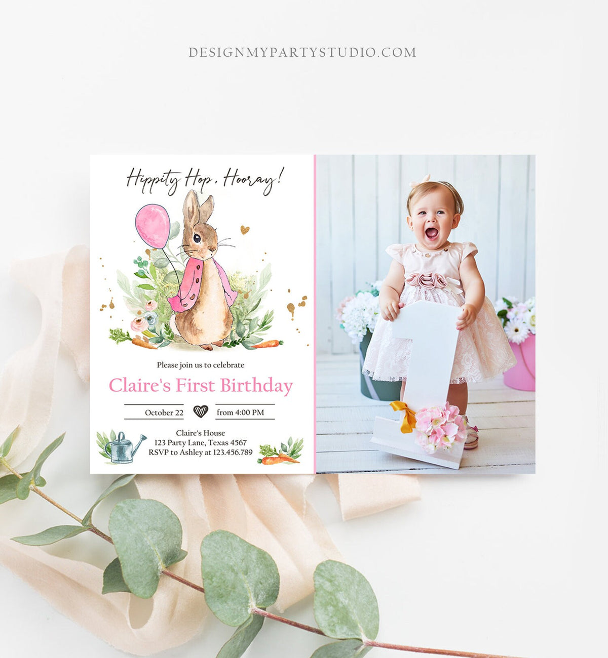 Editable Flopsy Bunny Birthday Invitation Gril Pink Rustic Peter Rabbit 1st Birthday Invite Watercolor Digital Corjl Template Printable 0351