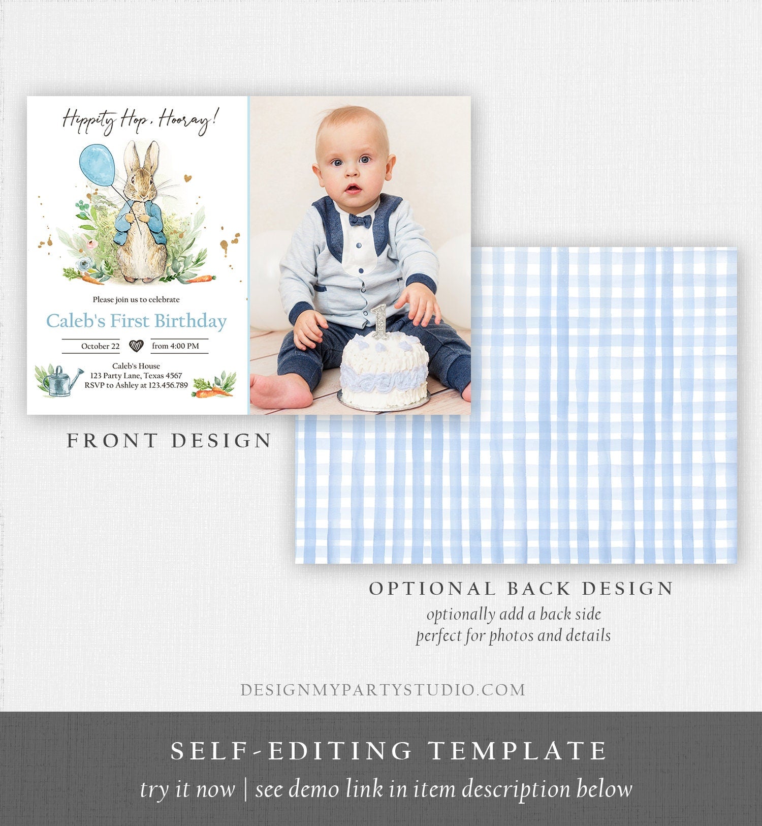 Editable Peter Rabbit Birthday Invitation Boy Blue Rustic Peter Rabbit 1st Birthday Invite Watercolor Digital Corjl Template Printable 0351