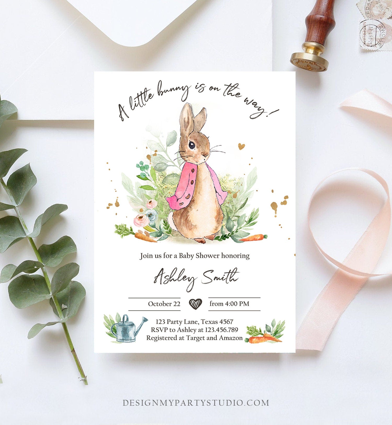 Editable Flopsy Bunny Baby Shower Invitation Girl Pink Rustic Peter Rabbit Invitation Spring Sprinkle Digital Corjl Template Printable 0351