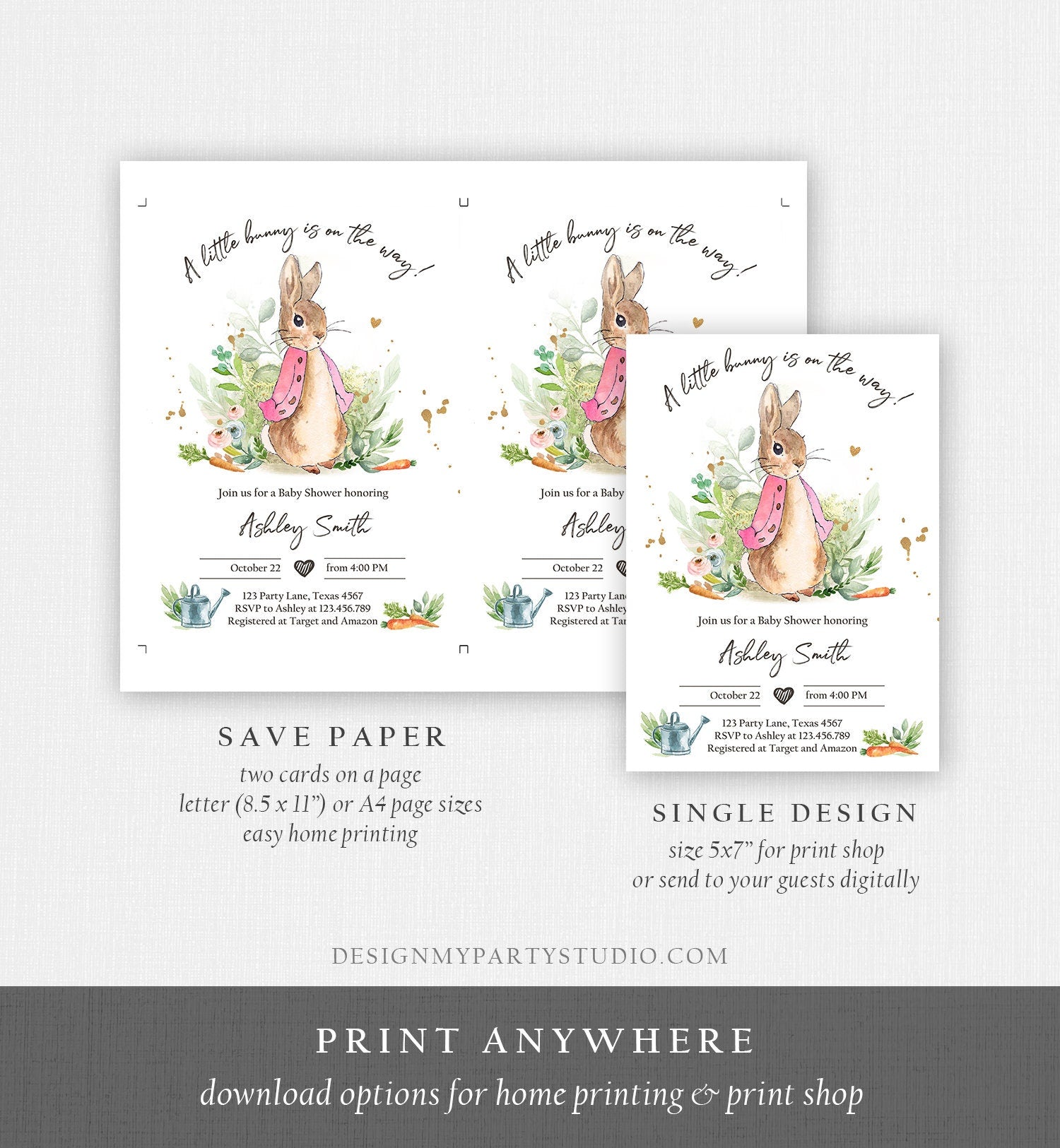 Editable Flopsy Bunny Baby Shower Invitation Girl Pink Rustic Peter Rabbit Invitation Spring Sprinkle Digital Corjl Template Printable 0351