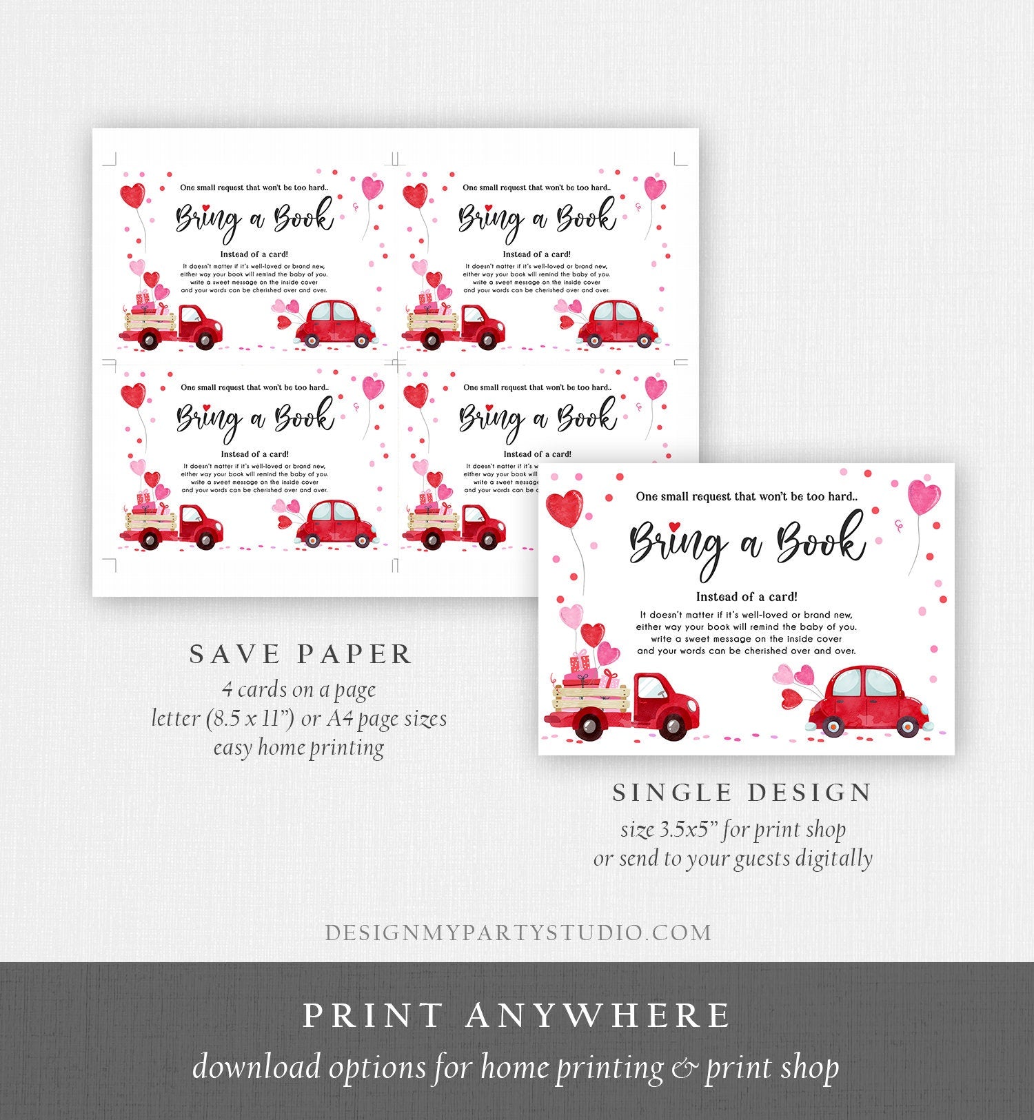 Editable Drive By Bring a Book Card Baby Shower Sweetheart Valentine Pink Girl Drive Through Book Request Car Red Truck Corjl Template 0365