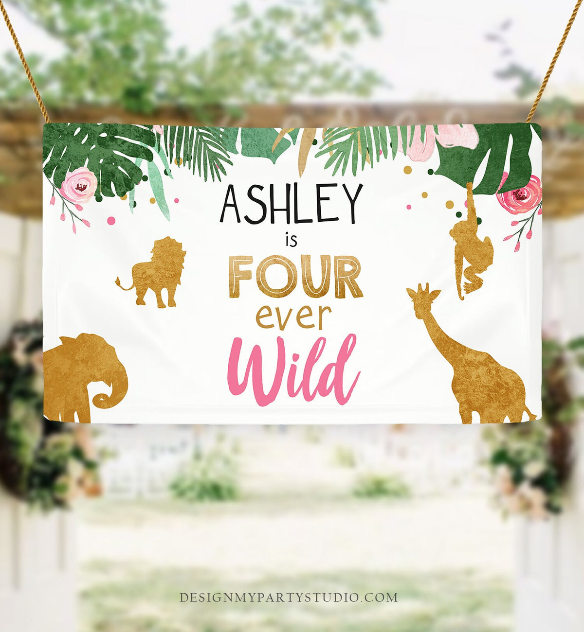 Editable Safari Animals Birthday Backdrop Banner Girl Pink Four Ever Wild 4th Birthday Welcome Sign Download Corjl Template Printable 0016