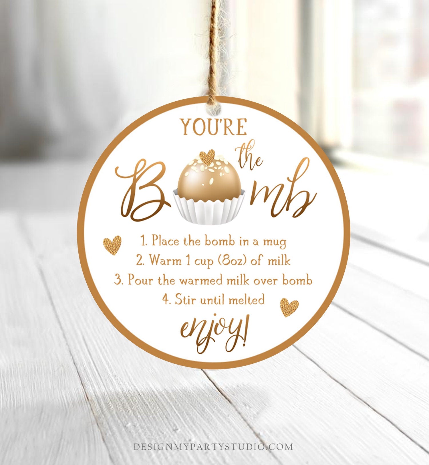 Editable Hot Chocolate Bomb Tag Valentine's Day Hot Cocoa Bomb You're The Bomb Heart Gold Valentine Gift Tag Digital Download Printable 0370