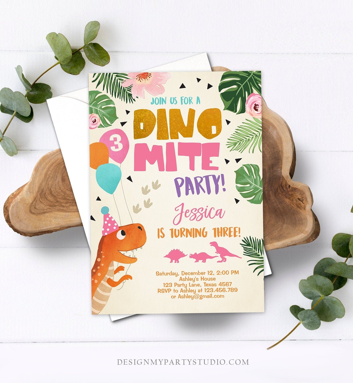 Editable Gold Dinosaur Birthday Invitation ANY AGE Dino Party T-Rex Prehistoric Rawr Girl Pink Gold Download Printable Corjl Template 0074