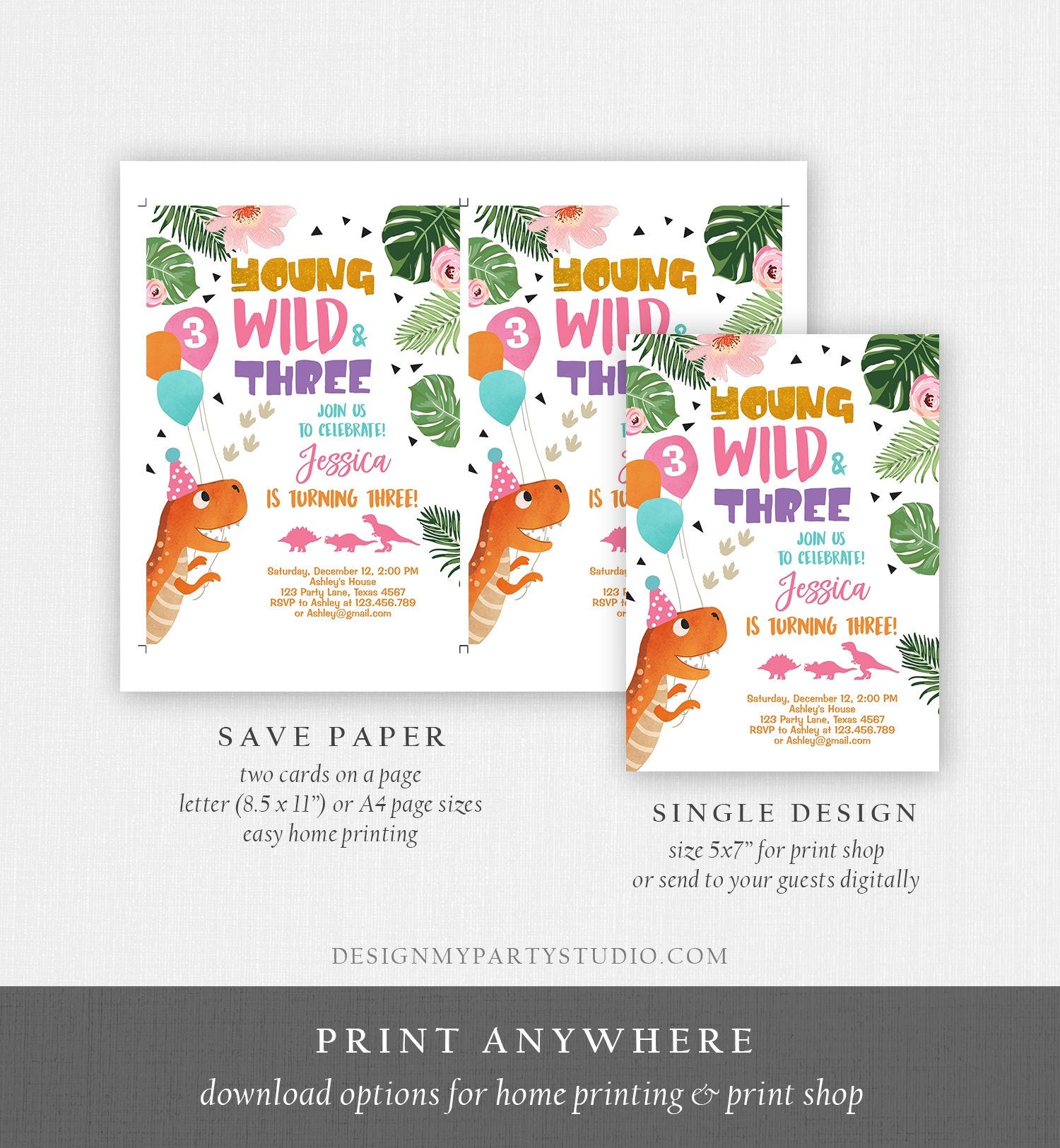 Editable Young Wild and Three Dinosaur Birthday Invitation Dinosaur Party Girl Pink Gold Third Birthday 3rd Corjl Template Digital 0074