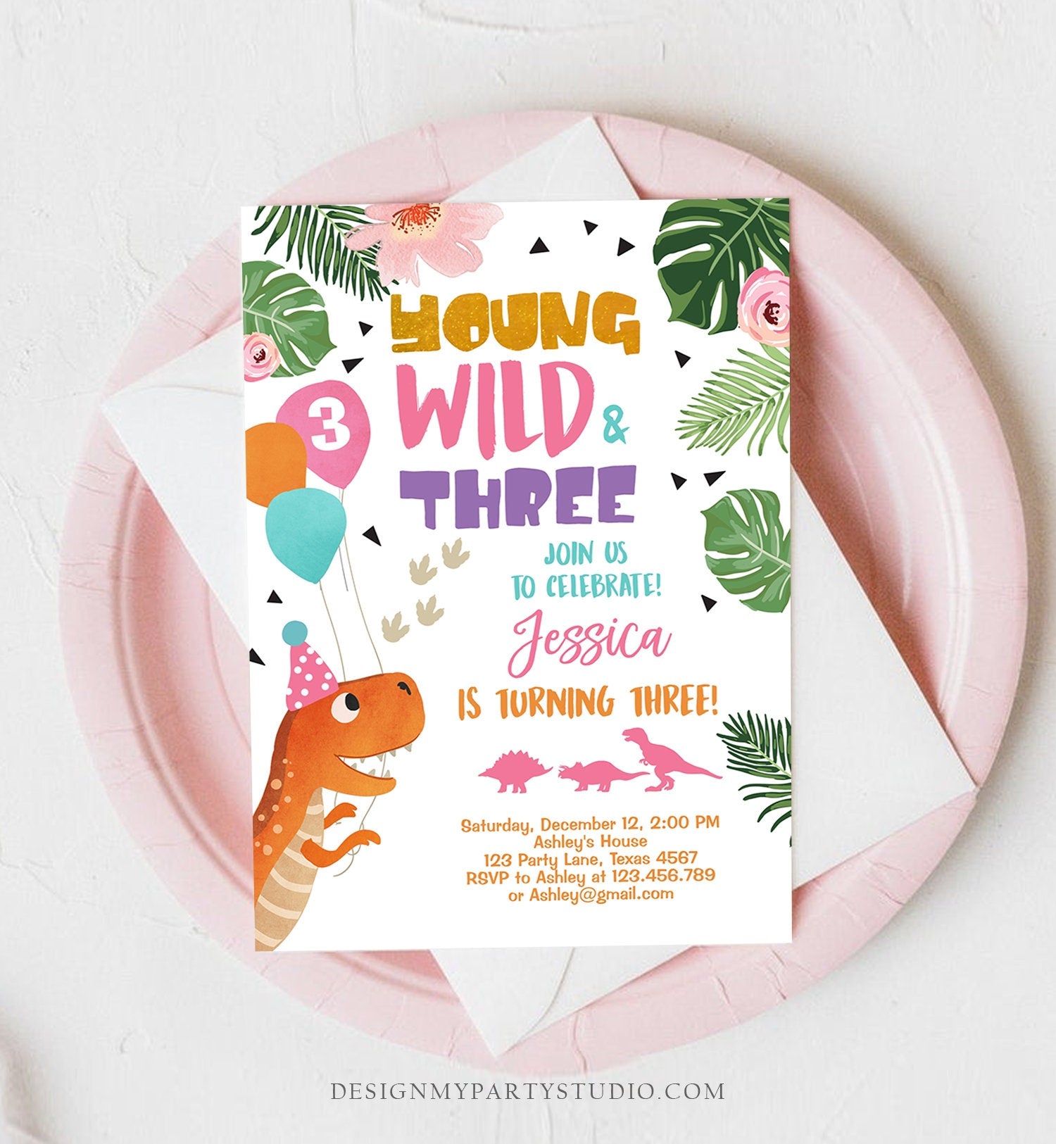 Editable Young Wild and Three Dinosaur Birthday Invitation Dinosaur Party Girl Pink Gold Third Birthday 3rd Corjl Template Digital 0074