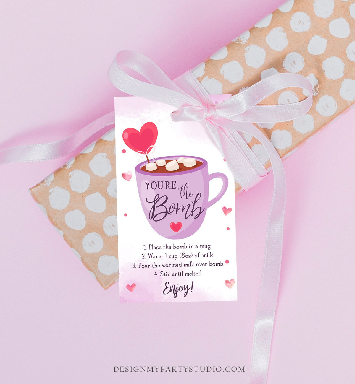 Editable Hot Chocolate Bomb Tag Valentine&#39;s Day Hot Cocoa Bomb You&#39;re The Bomb Heart Purple Valentine Gift Digital Download Printable 0370