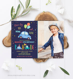 Editable Drive By Birthday Parade Invitation Balloons Rainbow Party Honk Wave Car Boy Blue Drive Through Download Corjl Template 0333