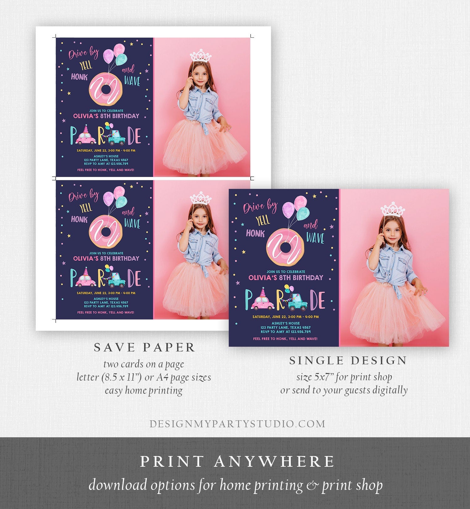 Editable Donut Drive By Birthday Parade Invitation Balloons Rainbow Party Honk Wave Car Girl Pink Drive Through Download Corjl Template 0343