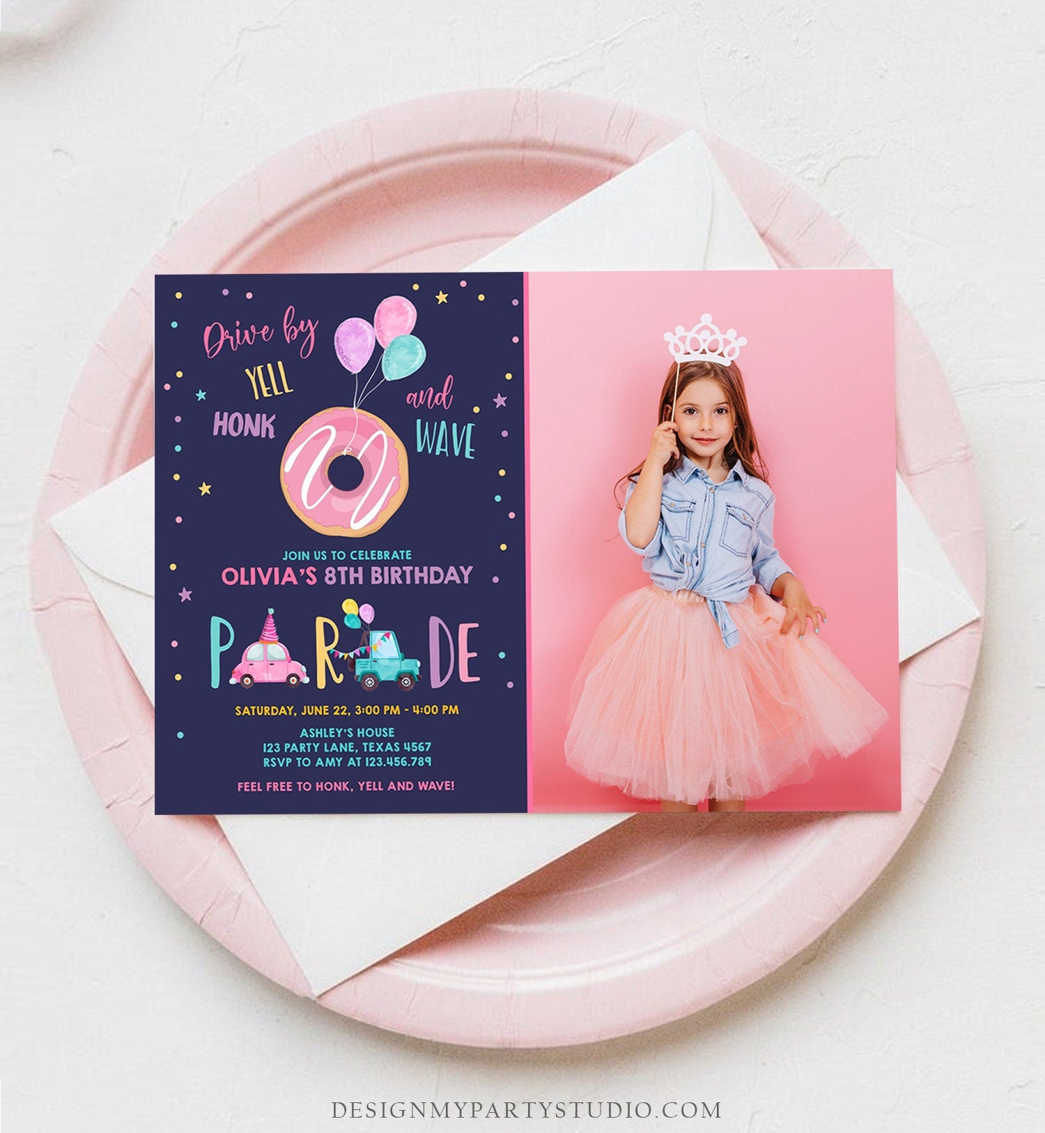 Editable Donut Drive By Birthday Parade Invitation Balloons Rainbow Party Honk Wave Car Girl Pink Drive Through Download Corjl Template 0343