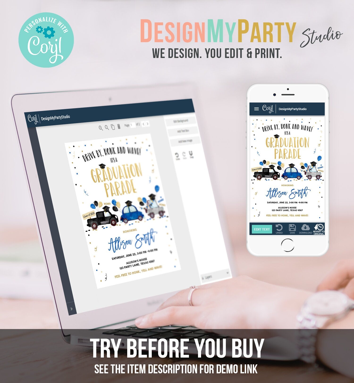 Editable Drive By Graduation Parade Invitation Virtual Party Navy Blue Girl Boy Graduate High School Grad Class 2021 Digital Corjl 0337