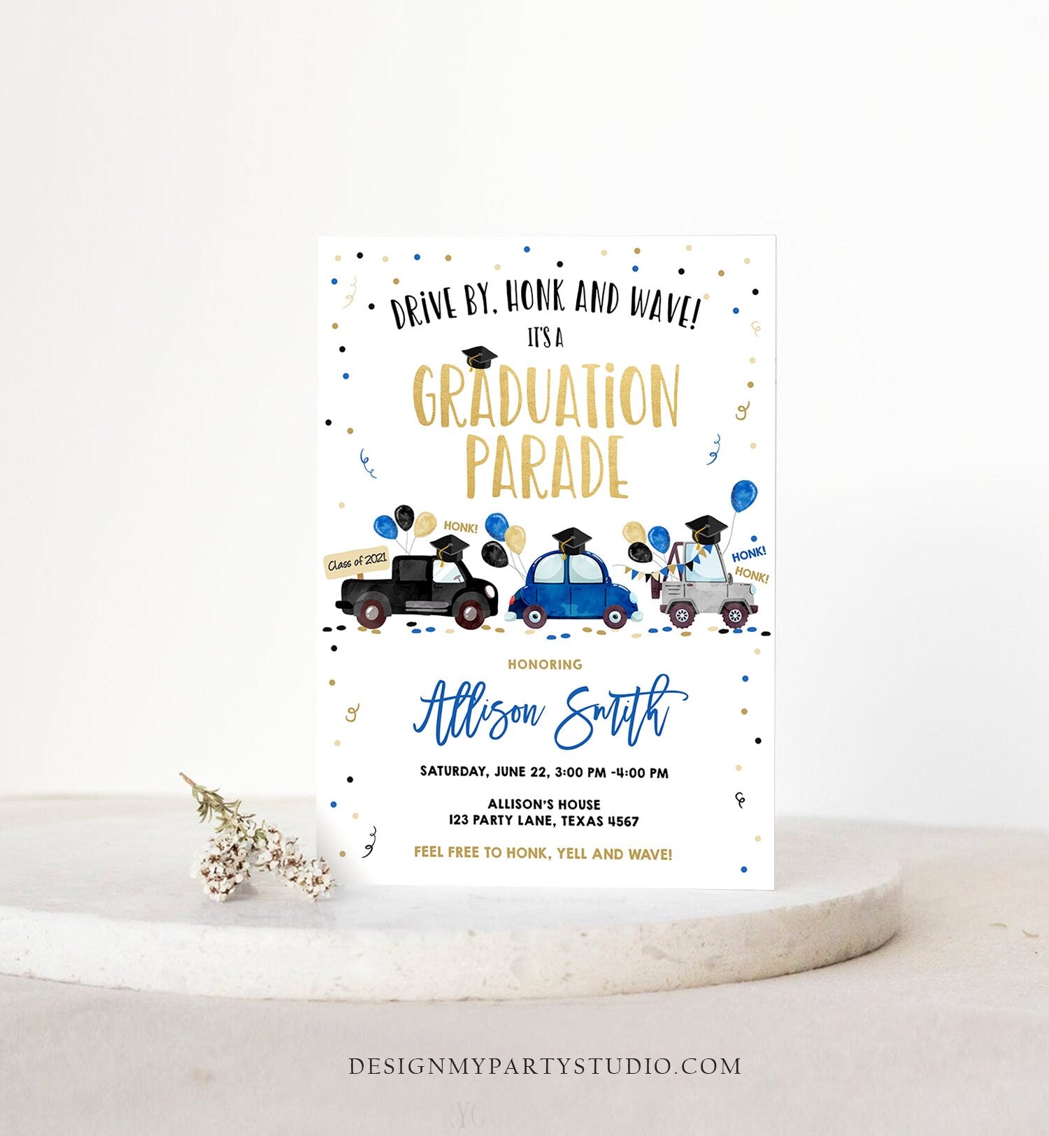 Editable Drive By Graduation Parade Invitation Virtual Party Navy Blue Girl Boy Graduate High School Grad Class 2021 Digital Corjl 0337