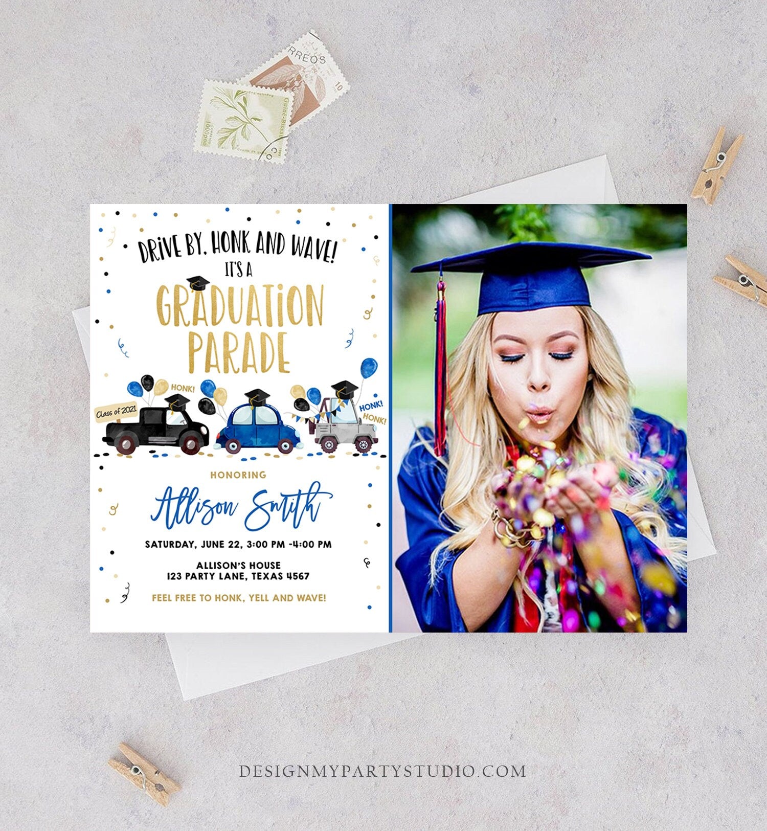 Editable Drive By Graduation Parade Invitation Virtual Party Navy Blue Girl Boy Graduate High School Grad Class 2021 Digital Corjl 0337