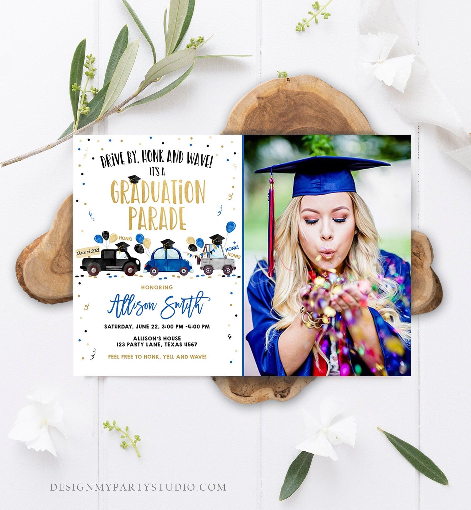 Editable Drive By Graduation Parade Invitation Virtual Party Navy Blue Girl Boy Graduate High School Grad Class 2021 Digital Corjl 0337