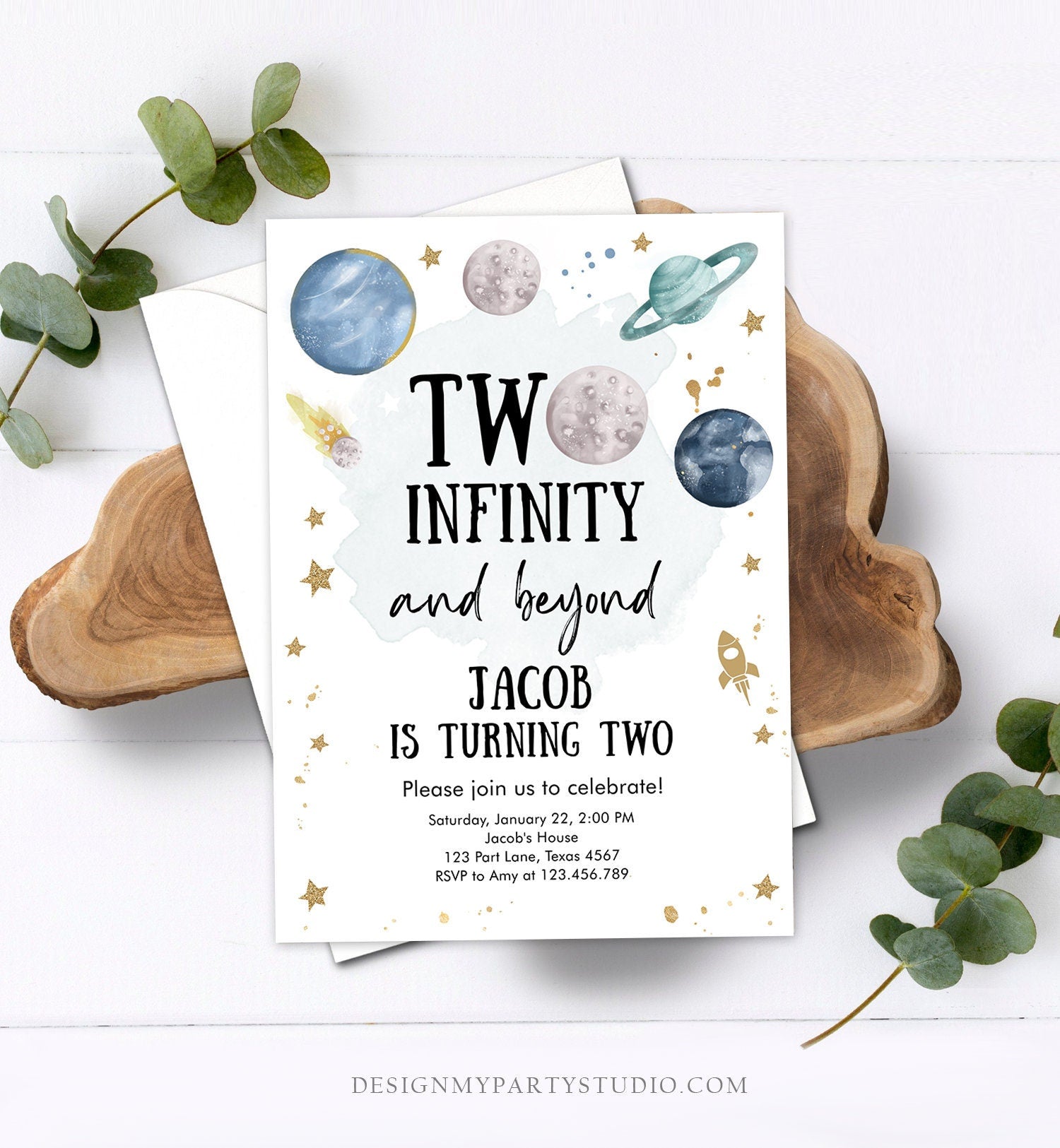 Editable Outer Space Birthday Invitation Two Infinity and Beyond Birthday Astronaut Planets Download Printable Template Digital Corjl 0357