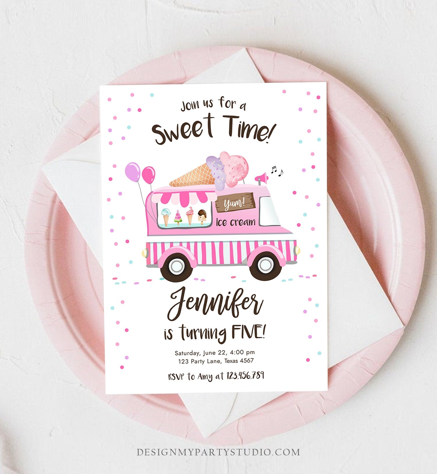 Editable Ice Cream Truck Birthday Invitation Ice Cream Birthday Party Cone Girl Pink Truck Sweet Summer Twin Corjl Template Printable 0243