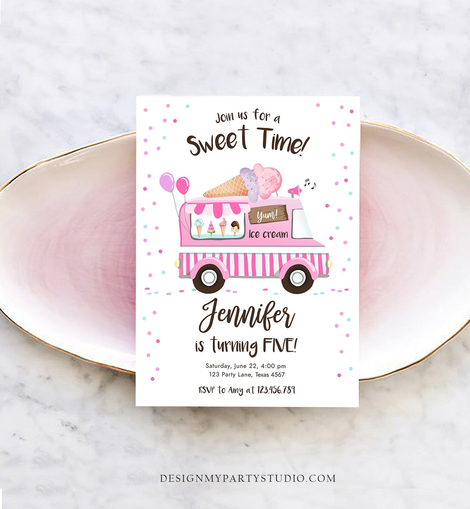 Editable Ice Cream Truck Birthday Invitation Ice Cream Birthday Party Cone Girl Pink Truck Sweet Summer Twin Corjl Template Printable 0243