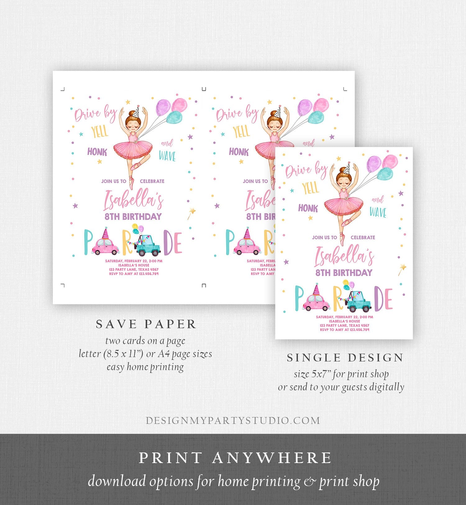 Editable Ballerina Drive By Birthday Parade Invitation Virtual Party Invite Ballet Tutu Car Girl Pink Quarantine Download Digital Corjl 0375