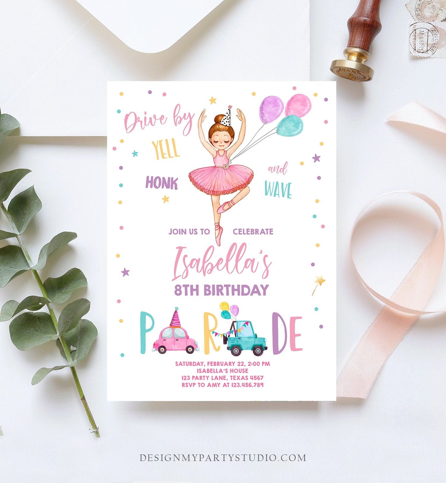 Editable Ballerina Drive By Birthday Parade Invitation Virtual Party Invite Ballet Tutu Car Girl Pink Quarantine Download Digital Corjl 0375