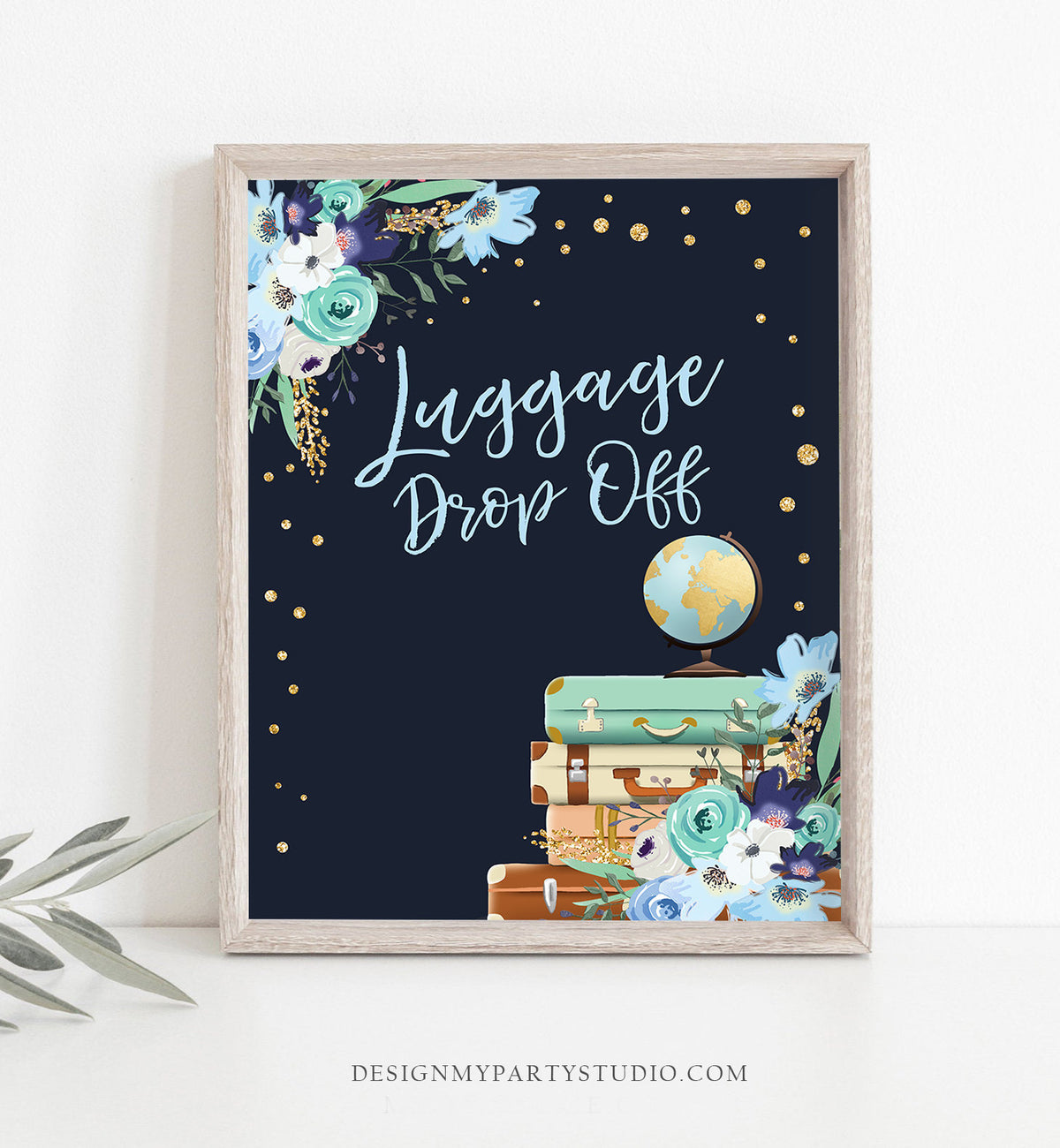 Luggage Drop Off Sign Miss to Mrs Travel Bridal Shower Wedding Birthday Flowers Globe Suitcase Blue Confetti Instant Download PRINTABLE 0030