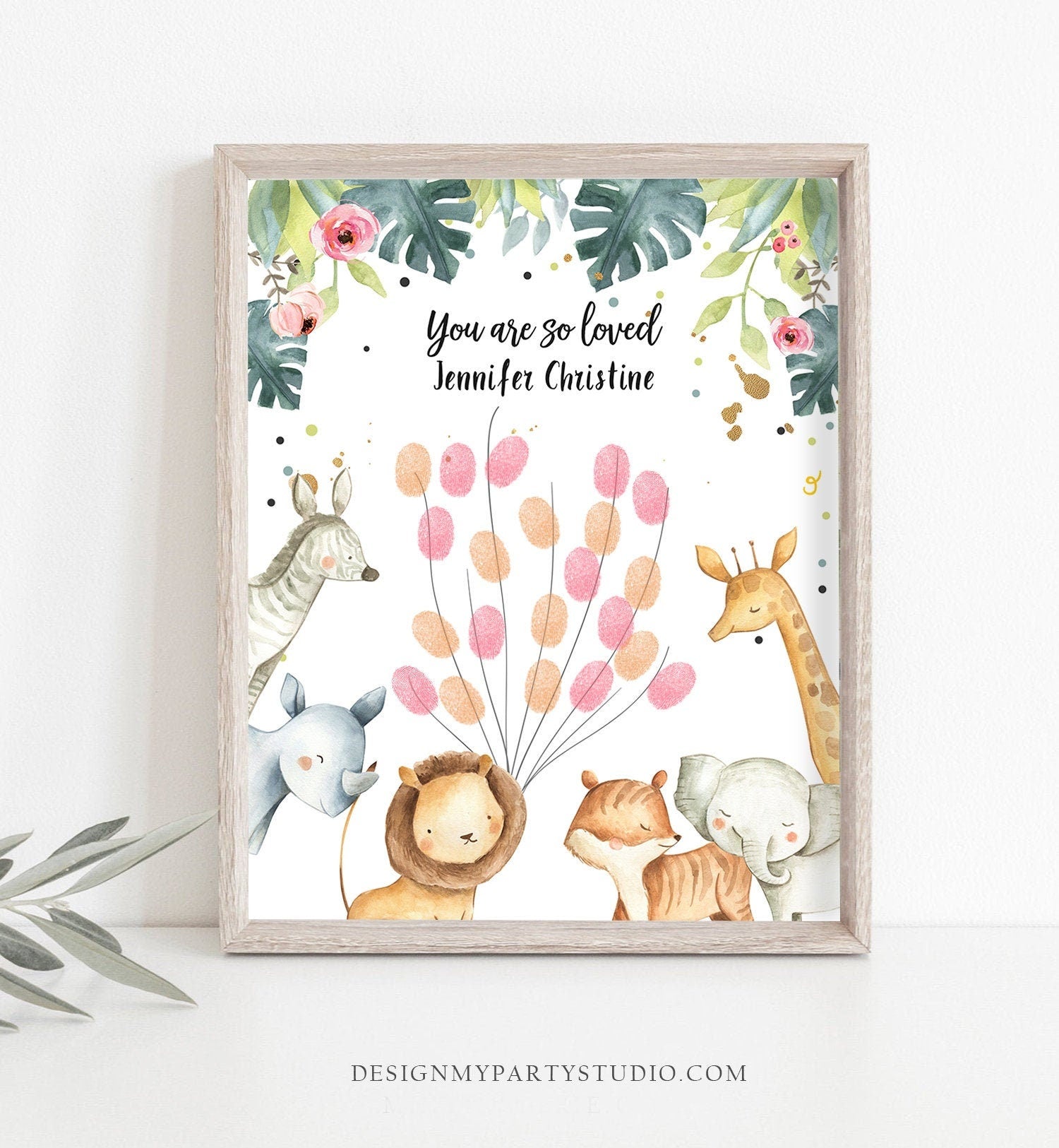 Editable Safari Animals Baby Shower Fingerprint Guestbook Thumbprint Guest Book Tree Jungle Wild One Gold Girl Corjl Template Printable 0163