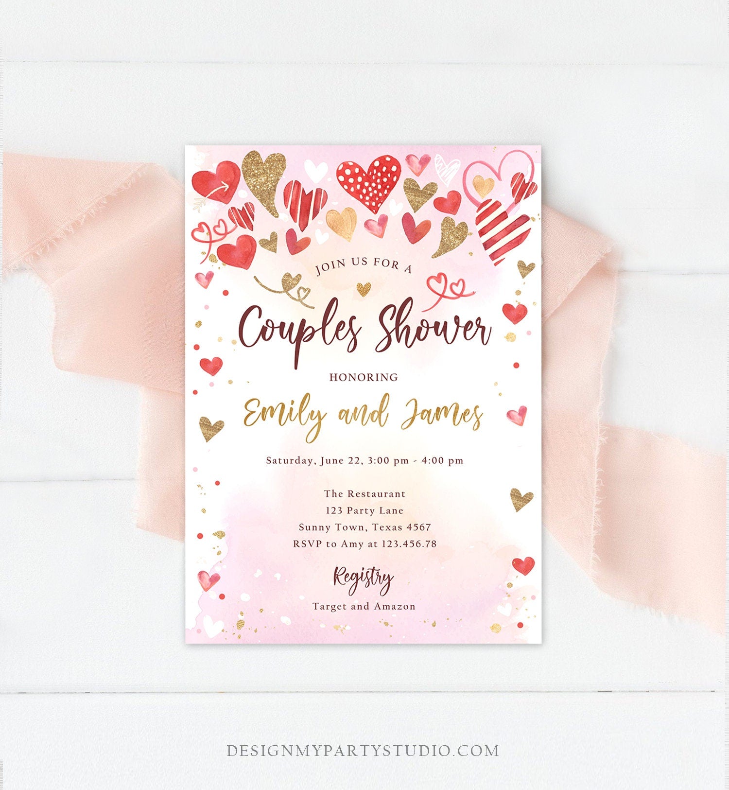 Editable Couples Shower Invitation Hearts Valentine Pink Gold Hearts Bridal Wedding Shower Showered with Love Corjl Template Printable 0371